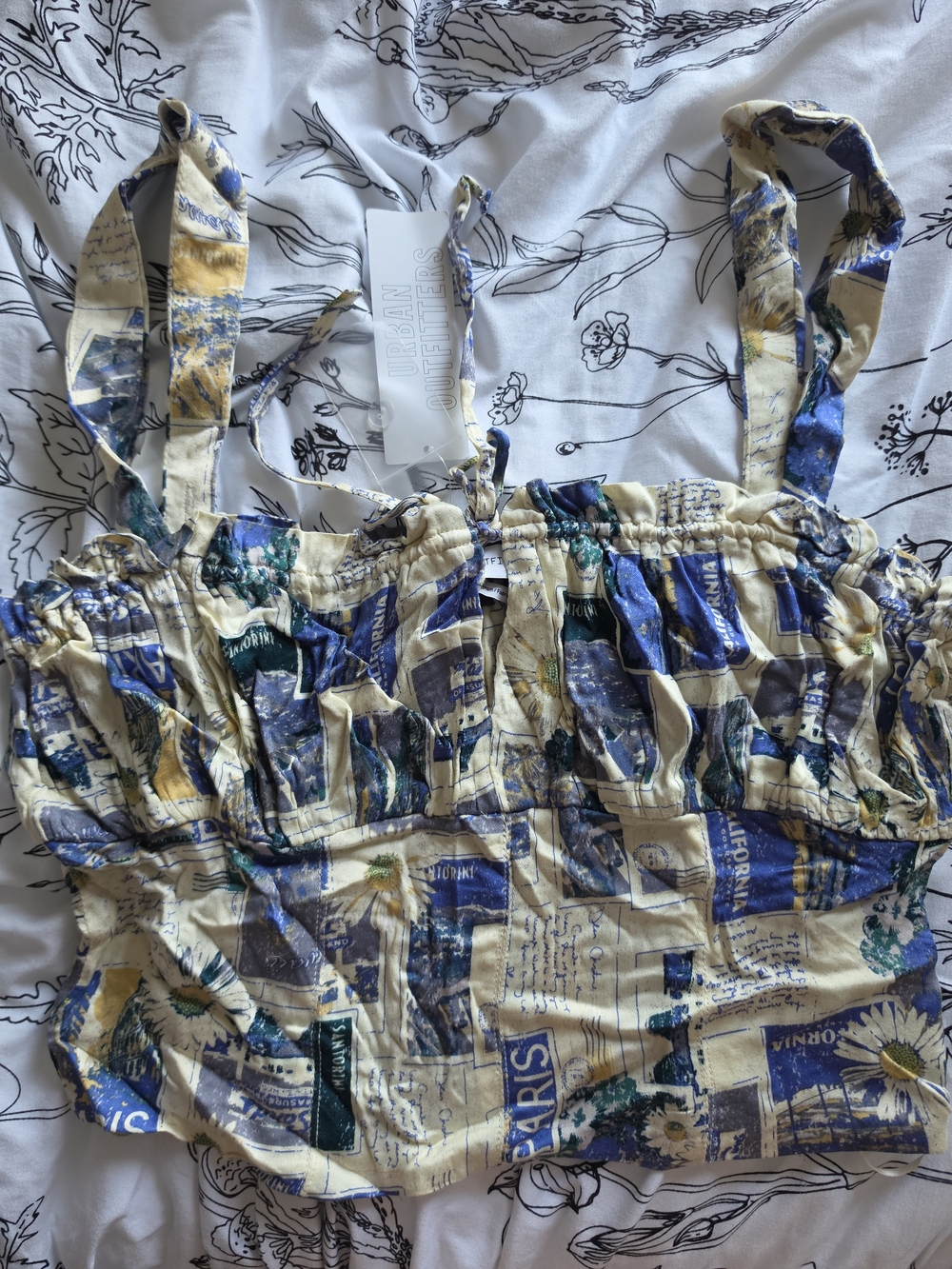 Printed Smocked Crop Top in Cream, Blue & Green